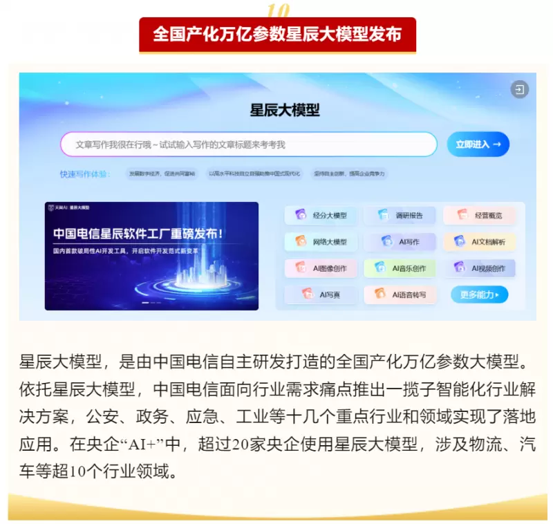 国产AI之光!TeleAI星辰大模型入选央企十大国之重器评选(图1) 国产AI之光!TeleAI星辰大模型入选央企十大国之重器评选(图1)