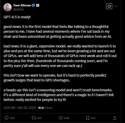 OpenAI推出GPT4.5研究预览版 情商更高、幻觉更少 Altman：下周再增数万GPU(图1)