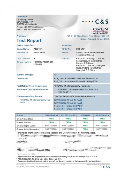 裕太车通YT8010A芯片再获国际认证-德国C&S兼容性认证!(图1) 裕太车通YT8010A芯片再获国际认证-德国C&S兼容性认证!(图1)