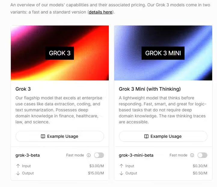 马斯克 xAI 推出 Grok 3 / Mini 的 API 接口：百万词元输入 3 美元，输出 15 美元
