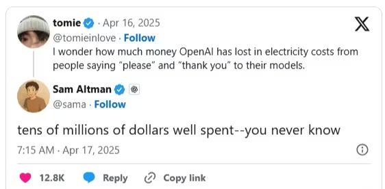 057b600aj00sv1t2o000ld000fm007op 对 ChatGPT 说“谢谢”,竟给 OpenAI 带来“数千万美元”开销