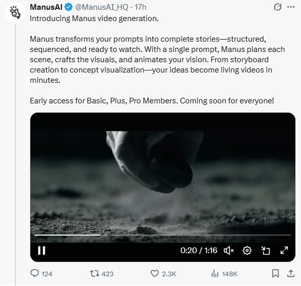 Manus 推出“文生视频”功能，挑战 OpenAI Sora 等竞争对手