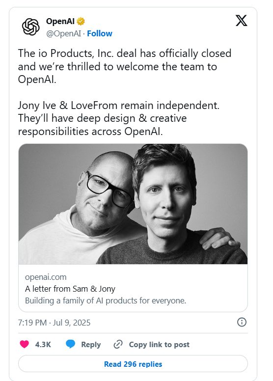 OpenAI 迄今最大交易落地，65 亿美元完成收购前苹果首席设计师 Jony Ive 的初创公司 io
