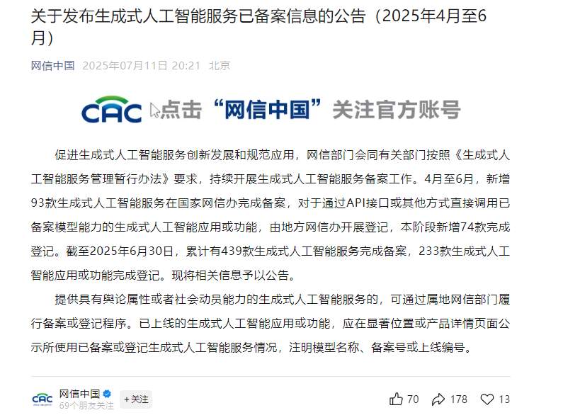 国家网信办：截至 6 月 30 日，累计有 439 款生成式人工智能服务完成备案