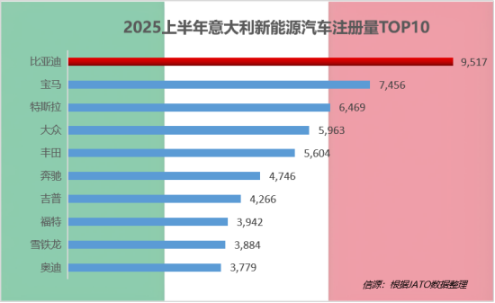 2025上半年意大利新能源汽车注册量TOP10