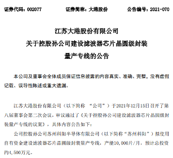 大港股份：控股孙公司欲4500万建设滤波器芯片晶圆级封装量产专线，(图1)
