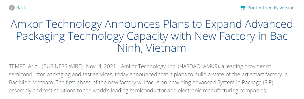 自安森美、英特尔之后，Amkor也宣布将在越南设SiP封装测试厂(图1)