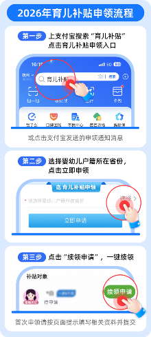 上支付宝搜“育儿补贴”续领育儿补贴 最快10秒完成！(图1)