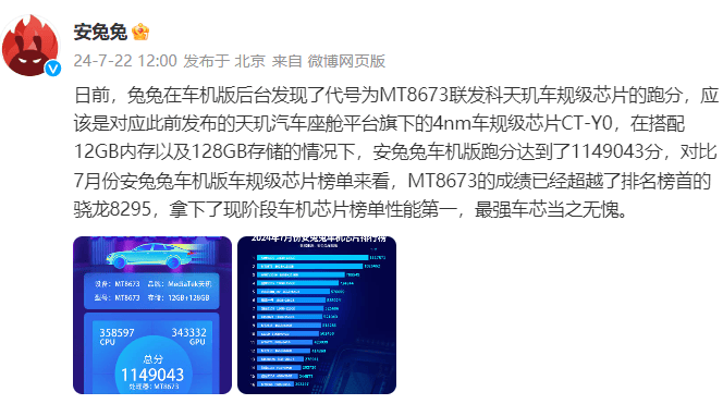 天玑汽车座舱平台空降安兔兔车机芯片榜首，一众车芯厂商颤抖了！(图1)